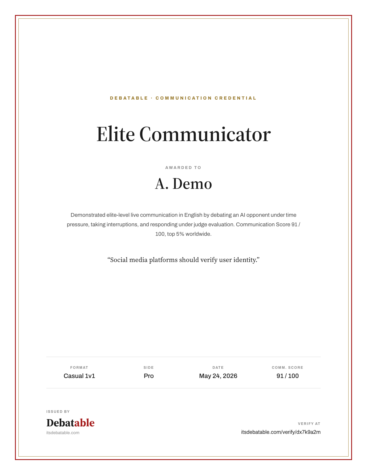 Sample Debatable Communication Credential PDF for A. Demo