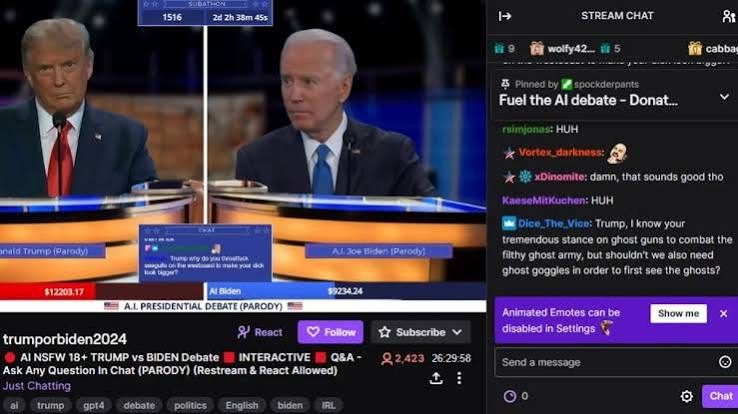 A debate playing on a livestream with viewers arguing about it in the chat panel