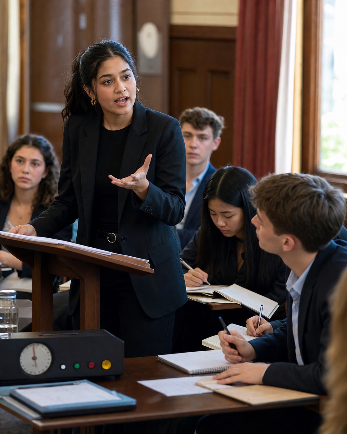 A debater delivering a rebuttal while her opponent and teammates flow the round