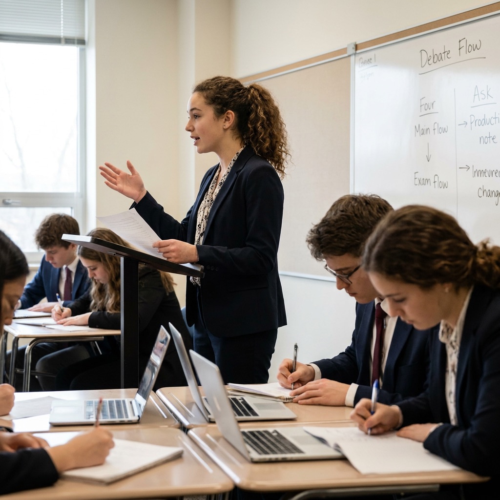 A student delivering a classroom debate speech while teammates flow at their desks