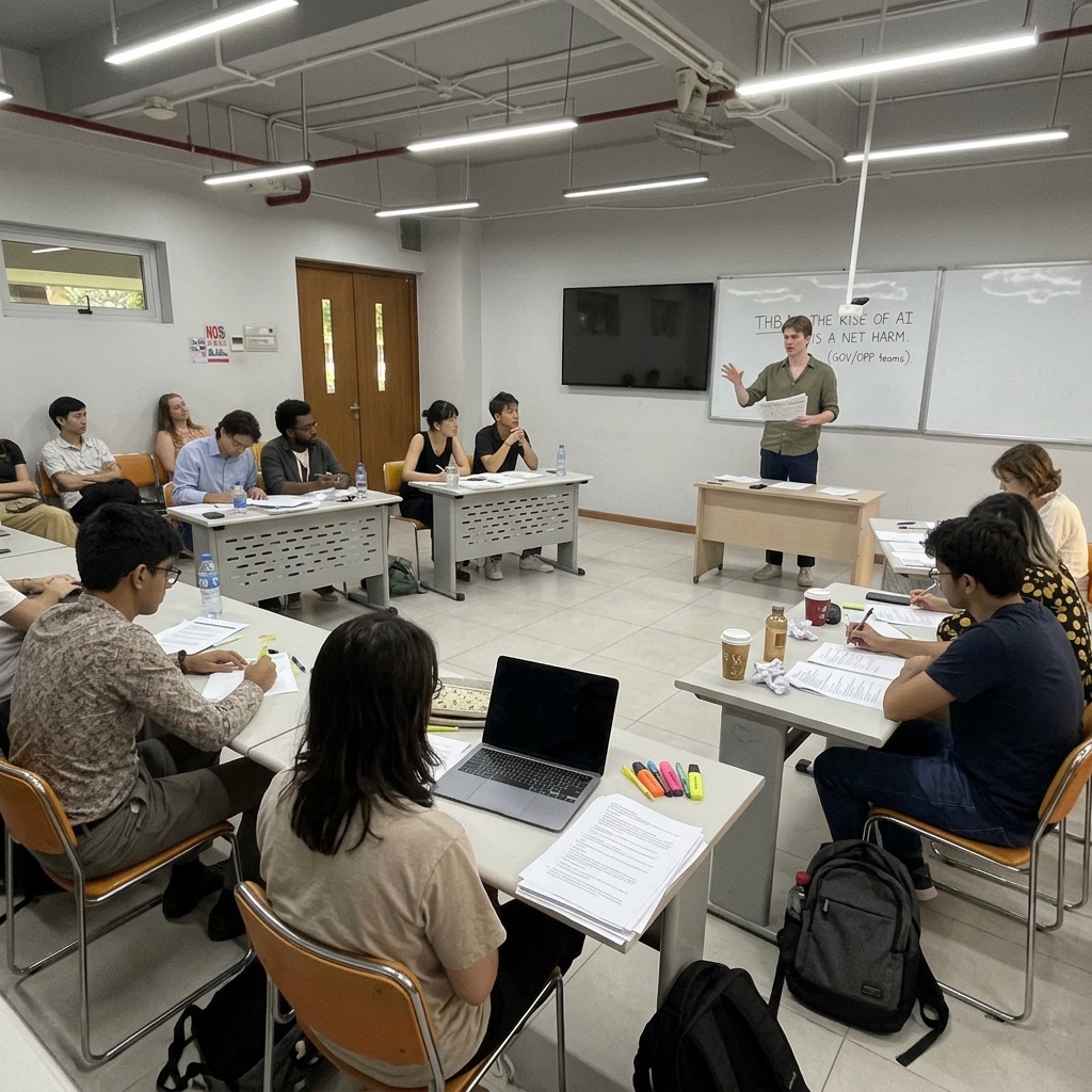 Students flowing a university debate while a speaker addresses the room