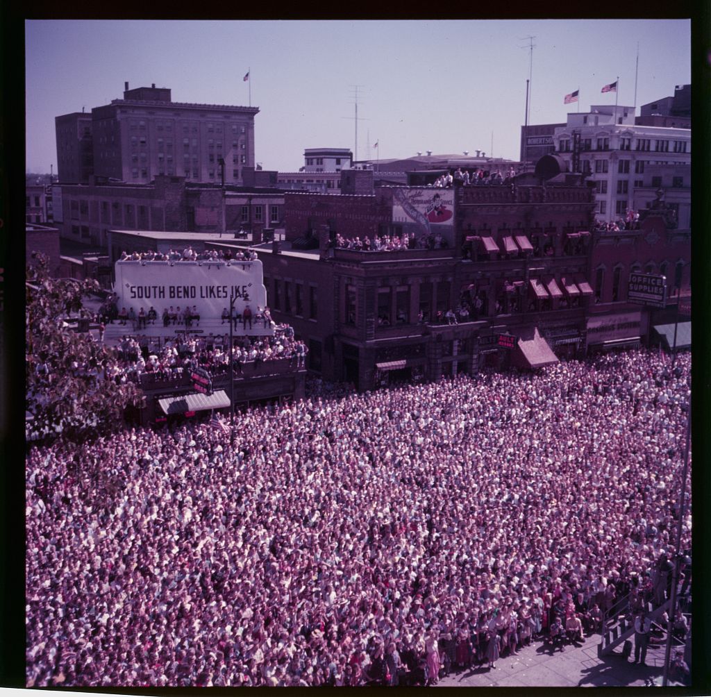 A large crowd fills South Bend streets for a 1952 Eisenhower presidential campaign rally.