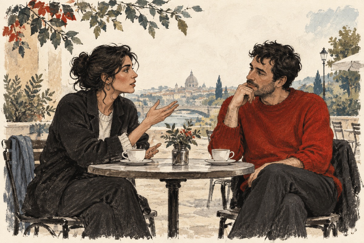 Illustration of two friends thoughtfully discussing different views at an outdoor cafe.