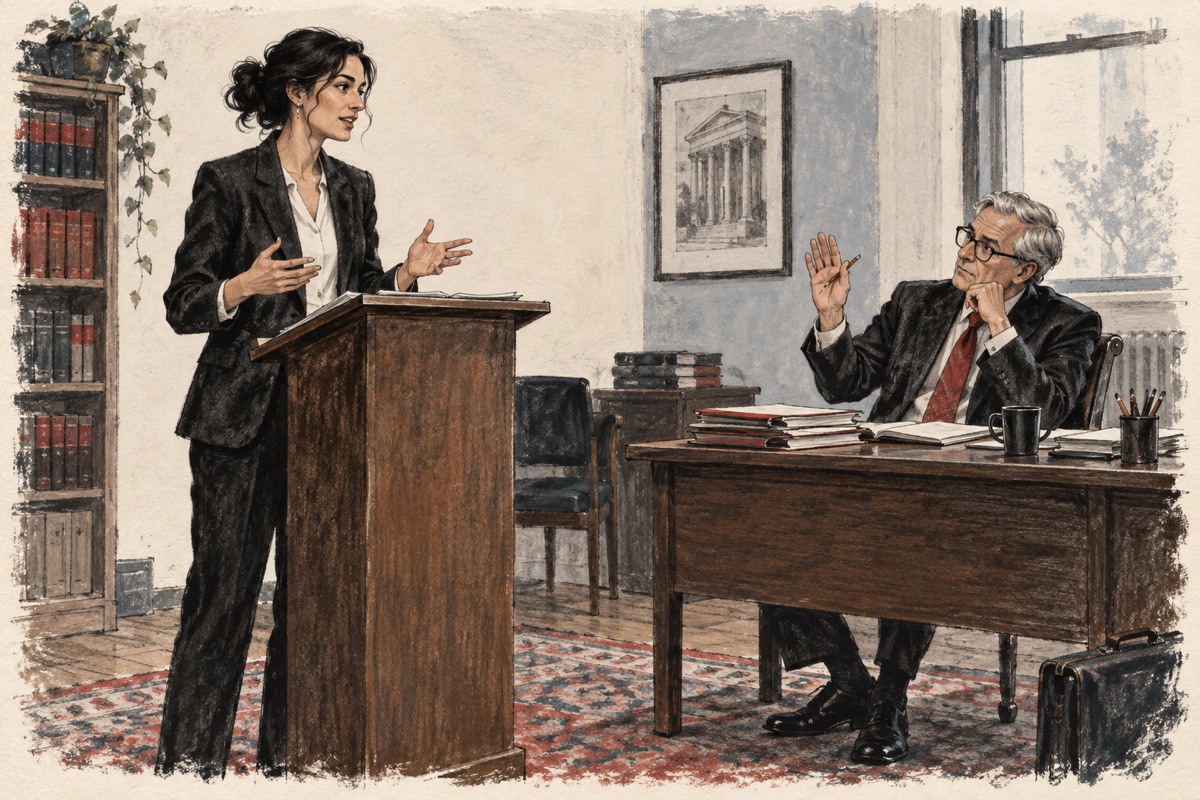 Illustration of a lawyer rehearsing an argument while a colleague asks a question.