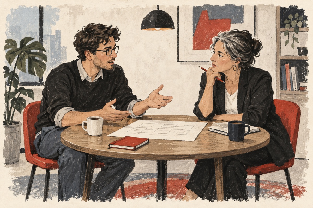 Illustration of two colleagues discussing an offer across a round table.