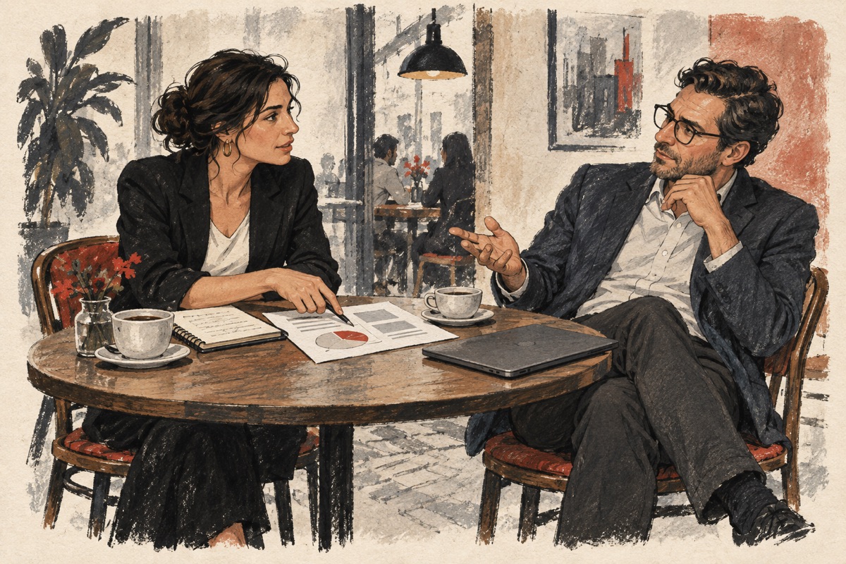 Illustration of a sales consultant discussing a proposal with a thoughtful buyer.