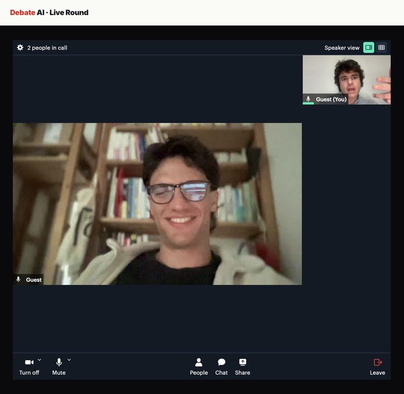 A live Debatable round: two people on video, the question between them, and the judge's written decision with scores